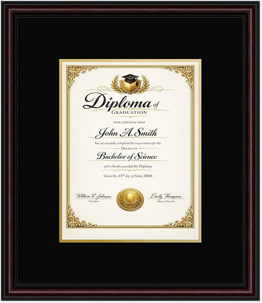 CountryArtHouse Diploma Frame Fits 8.5 x 11 Certificate (Portrait) - Keepsake Graduation Display Executive Brown Genuine Hardwood with Black Over Metallic Gold Double mat