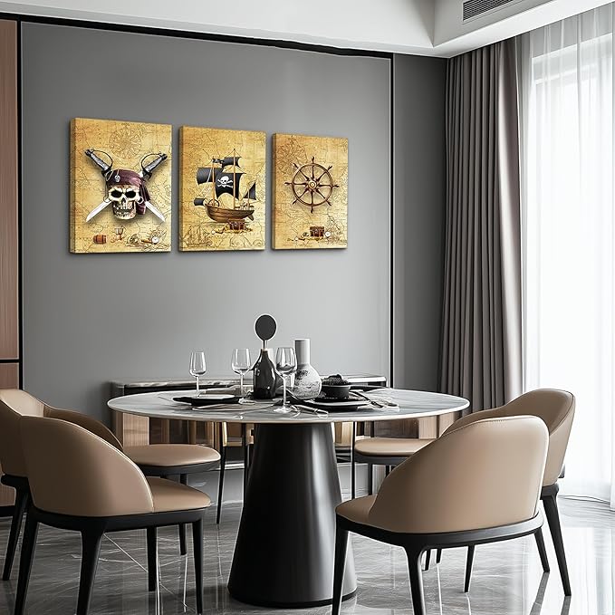 Pirate ship and rudders Canvas Wall Art for Living Room Bedroom Decoration wall painting,Bathroom Wall Decor Home Decoration kitchen posters artwork，Adventure map decoration 16x12 inch/ 3 piece set