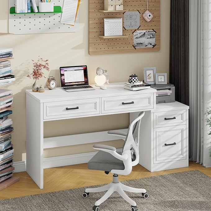 Vabches 61" Farmhouse Computer Desk with Storage and File Drawer, Executive Desks with Printer Stand, Rustic Large Home Writing Desk for Home Office.White