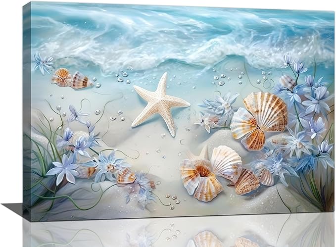 yerretin Beach Seashell Bathroom Wall Art Coastal Starfish Pictures Wall Decor Modern Home Canvas Painting Decorations Artwork for Living Room Bedroom Office Framed, 24"x16"