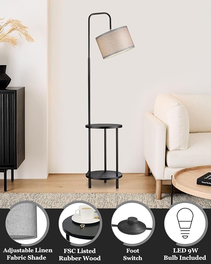 ELYONA Modern Floor Lamp for Living Room, Solid Wood Side Table Lamp with Grey Fabric Drum Shade, 3-Color Temperatures End Table Standing Light for Bedroom, Living Room, LED Bulb Included, Matte Black