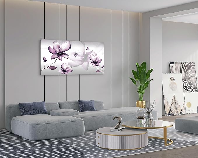 Muolunna BK06598 Purple Magnolia with Butterfly Flower Canvas Wall Art Picture 1 Panel 3D Wallpaper Modern Art Prints Painting for Bedroom Modern Office Wall Decor Artwork