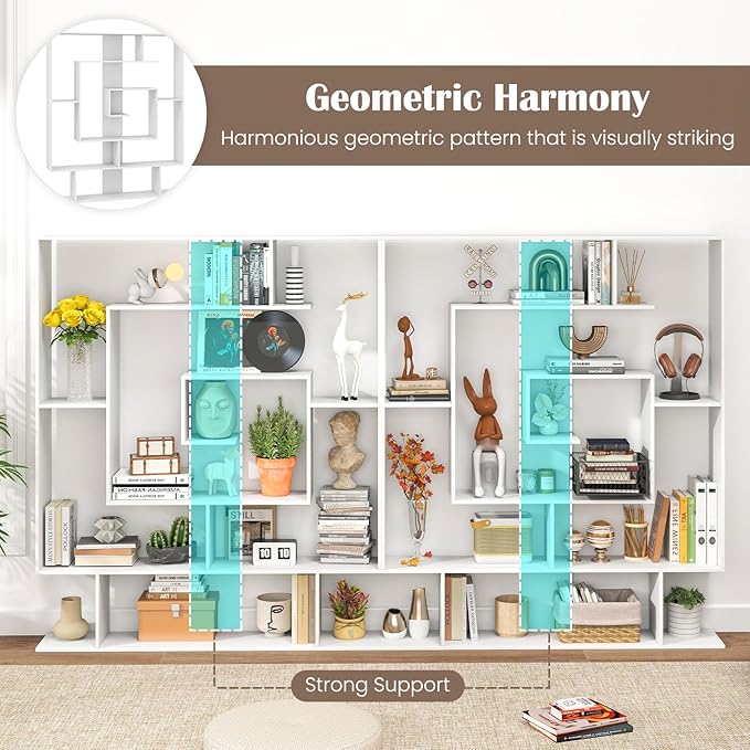 Giantex 7-Tier Geometric Bookshelf with Open Shelves, Modern Bookcase Display Shelf for Living Room Bedroom Study, Freestanding Storage Rack with Anti-Tip Kit, 49.5''L x 8.5''W x 59''H (White)