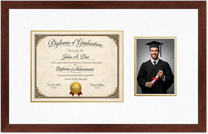 Diploma Frame With Photo Opening Rustic Walnut Oyster Shell Over Gold Mat - Fits 11 x 8.5 Degree and Picture Made in the USA