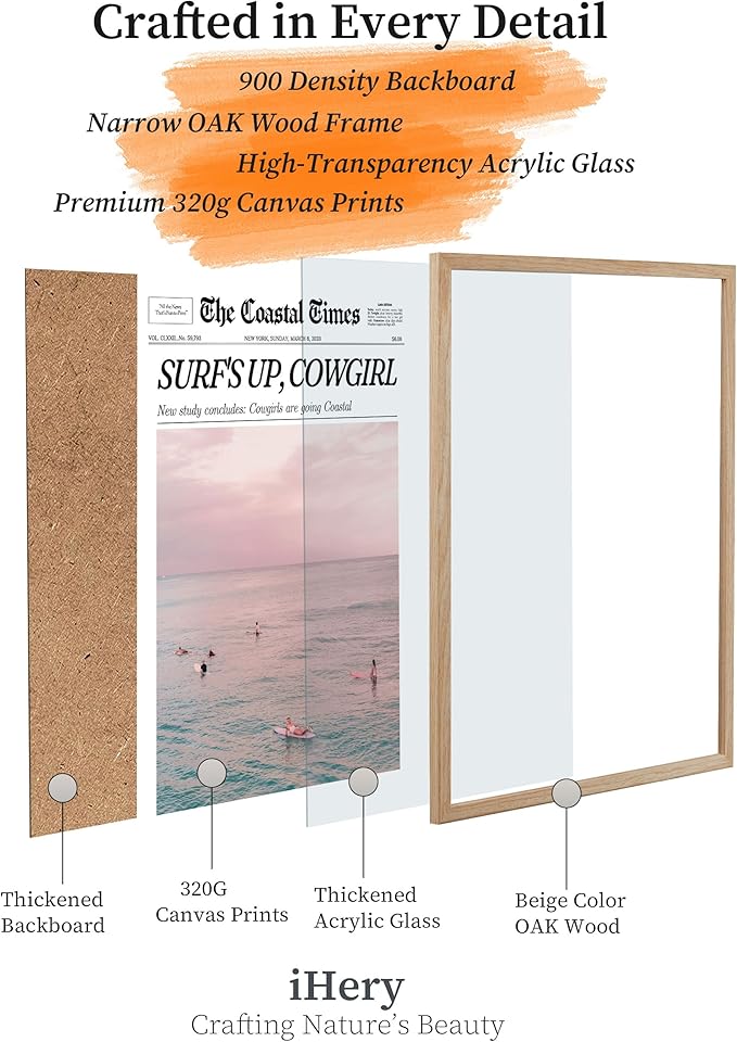 iHery Framed Trendy Coastal Cowgirl NewsPaper Wall Art Prints,Beige OAK Wood Large 16x20in Canvas Wall Decor For Bedroom,Western Vintage Bar Cart,Dorm Retro Surfing Up For Living Room 1Pack