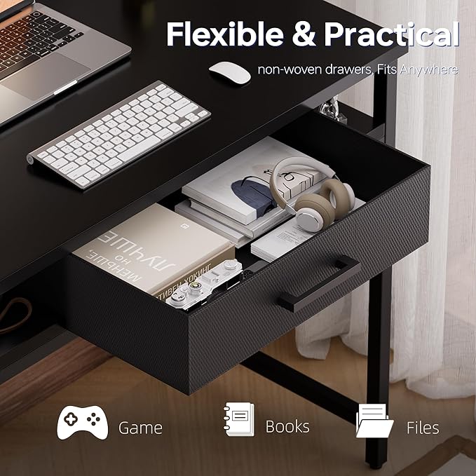 Pamray 32 Inch Small Computer Desk with Drawer and Shelves Simple Study Work Table for Bedroom Black