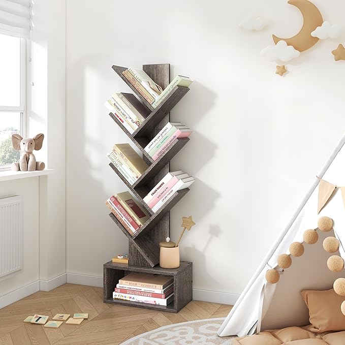 Hoctieon 6 Tier Tree Bookshelf, Tall Bookcase with Drawer, Freestanding Book Shelf, Display Floor Standing Storage Shelf, Book Organizer Shelves for Home Office, Living Room, Bedroom, Grey
