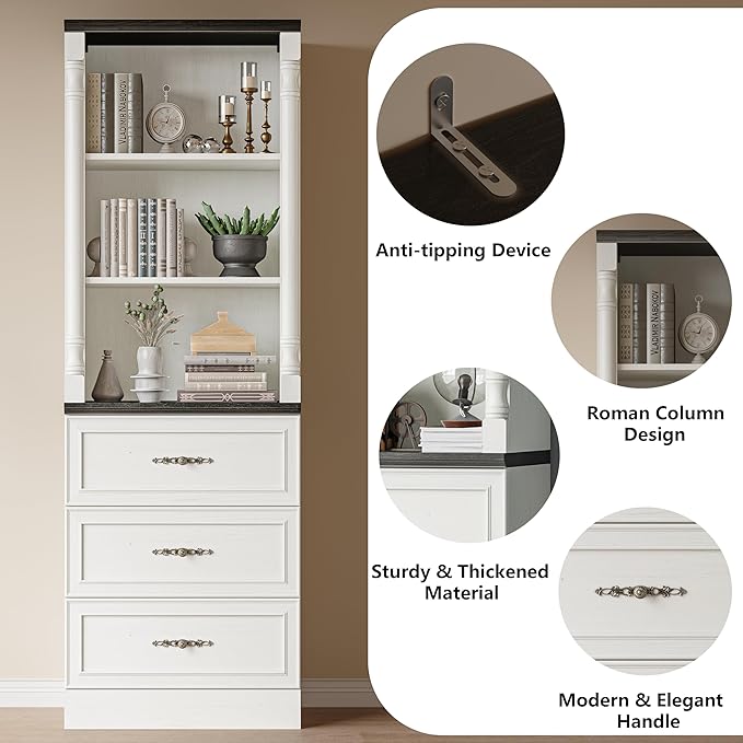 Bookshelf with Drawers, 71" Tall Wood Bookcase with Adjustable Shelf, 24" Wide Book Shelf, Floor Standing Display Storage Cabinet for Home Office, Study and Living Room, Antique White