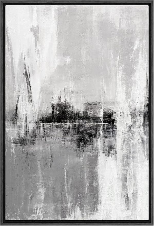 SIGNFORD Framed Canvas Print Wall Art Gray and White Long Brushstrokes Abstract Shapes Illustrations Minimalism Alternative Edgy Dark for Living Room, Bedroom, Office - 16"x24" Black