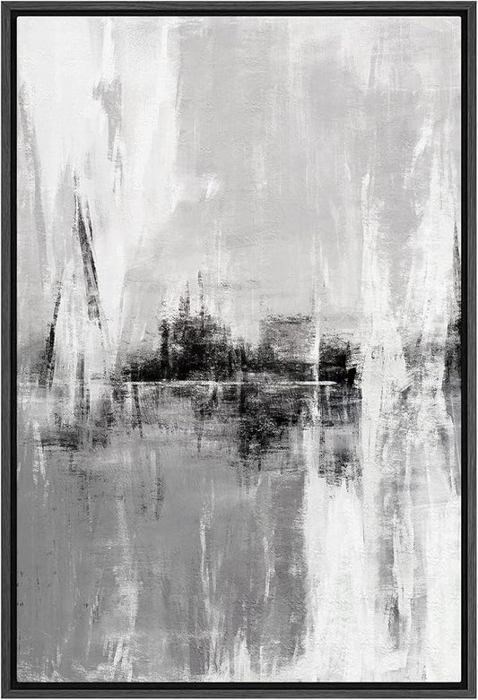 SIGNFORD Framed Canvas Print Wall Art Gray and White Long Brushstrokes Abstract Shapes Illustrations Minimalism Alternative Edgy Dark for Living Room, Bedroom, Office - 16"x24" Black