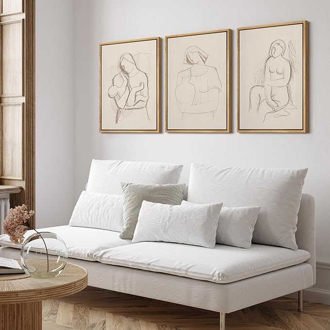 SIGNFORD Framed Wall Art Print Set Minimalist Figurative Line Drawing Modern Abstract Digital Art Modern Art Contemporary for Living Room, Bedroom, Office - 16"x24"x3 NATURAL