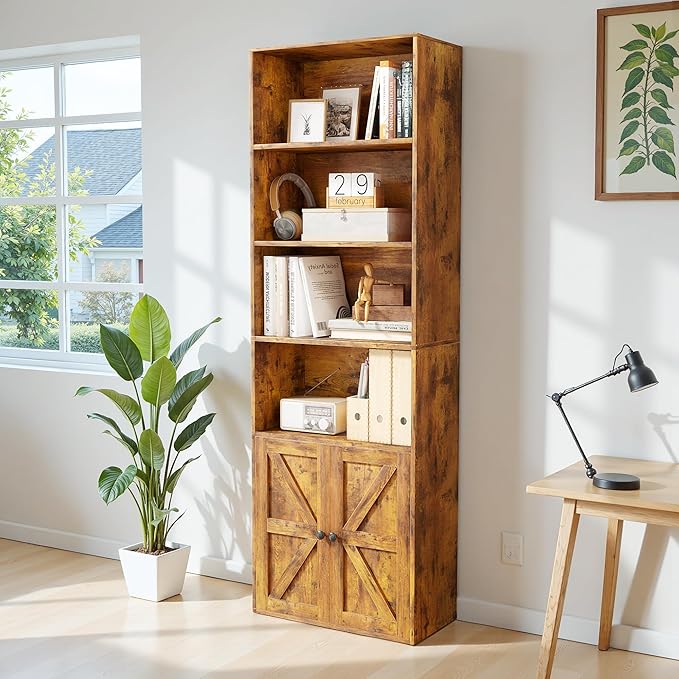 YESHOMY 6 Tier Bookcase and Bookshelf, Tall Book Shelf with Doors & Adjustable Shelves, Floor Display Storage Cabinet Home Decor for Living Room, Office, Brown