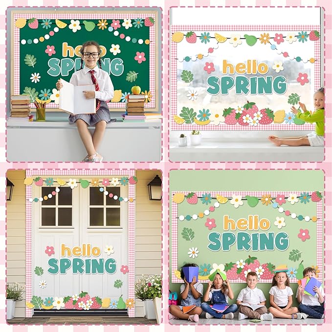 Hello Spring Bulletin Board Set Spring Fruit Floral Classroom Decoration Colorful Flowers Strawberry Paper Cutouts Flowers Theme Bulletin Board for School Classroom Chalkboard Wall Decor