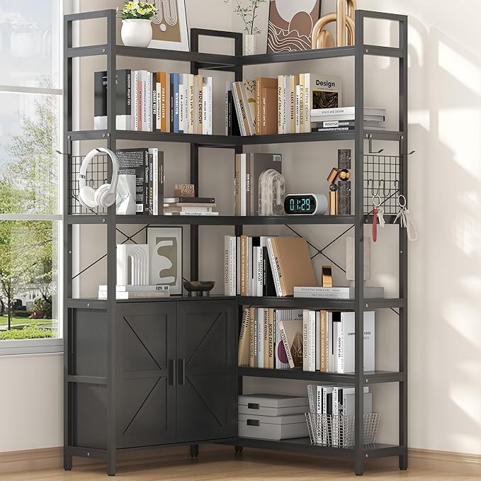 Semoic 6-tire Farmhouse Black Corner Book Shelf with 2 Barn Doors and 10 Storage Shelves, 71.3" Tall Convertible Etagere Bookcase with Storage Cabinet, Large L Shaped Bookshelf for Living Room(Black)