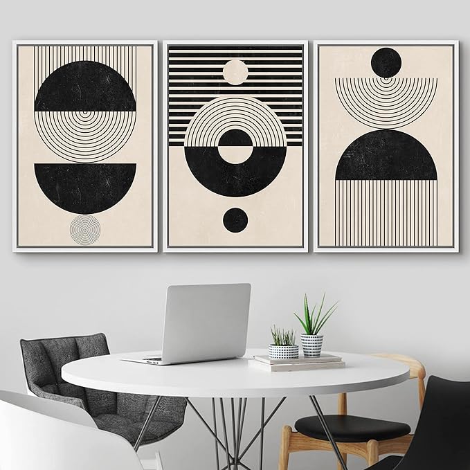 IDEA4WALL Framed Canvas Print Wall Art Set Geometric Black Tan Stripe Circle Stripe Collage Abstract Shapes Illustrations Modern Art Nordic for Living Room, Bedroom, Office - 16"x24"x3 White
