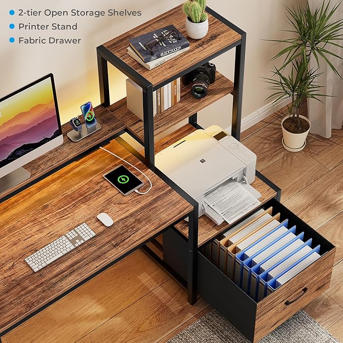 GreenForest Computer Desk with Drawers and Monitor Stand, Home Office Desk with Storage Shelves, Small Gaming Desk with Power Outlets and LED Lights for Study Writing Working, 51 inch Walnut