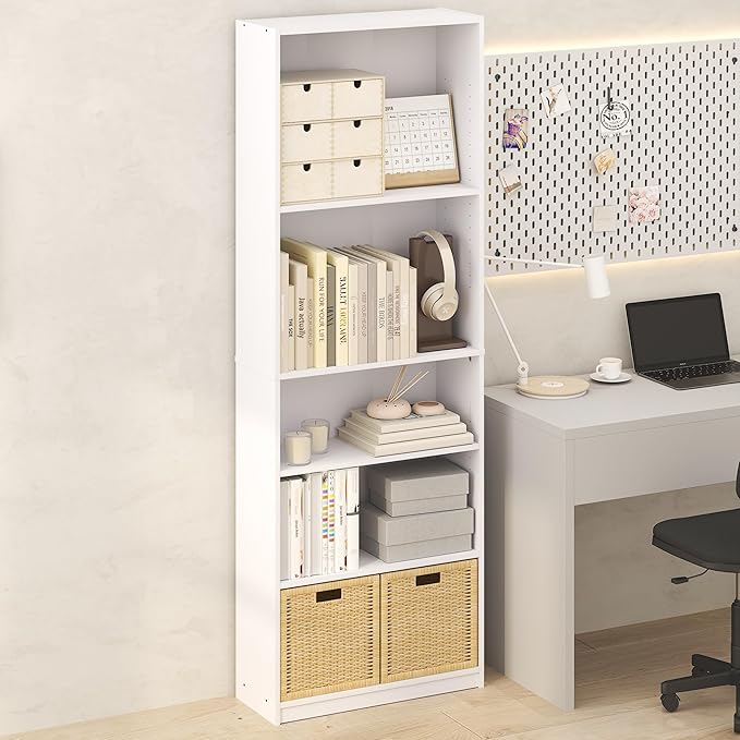 Furinno Jaya Simply Book Shelf, 5-Tier Bookshelf, Bookcase with Adjustable Shelves, 9.5 x 24.5 x 71.2, for Living Room, Bedroom, Home Office, Plain White
