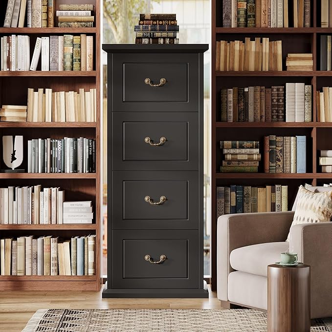 Tribesigns 4-Drawer File Filing Cabinet Set of 2, Vertical File Cabinet Hofice Wood Filing Cabinet for A4 /Letter Size Narrow Tall File Storage for Honhe Office, Black
