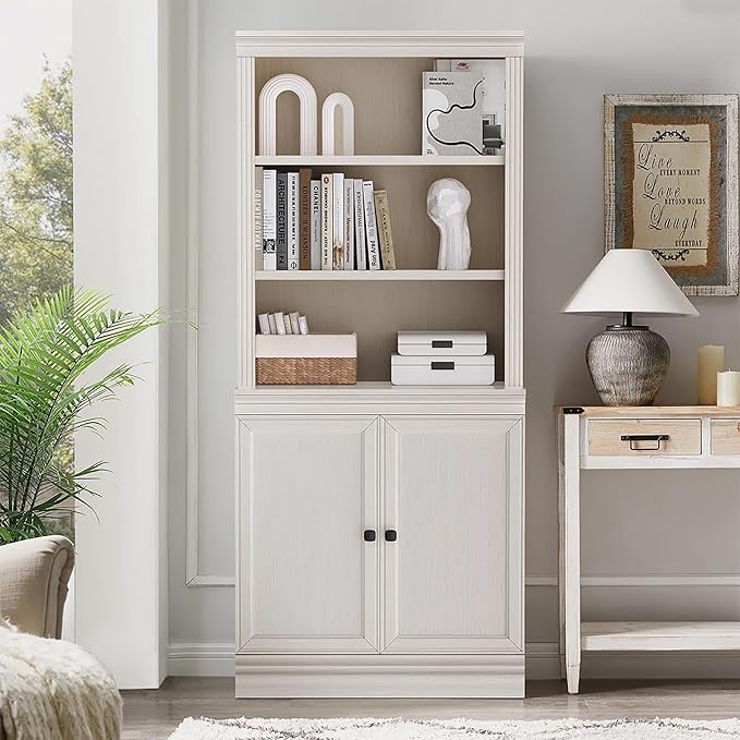 JAHRSTIM Halston Multi-Depth Bookcase, Adjustable Storage Shelving Unit with Doors for Home and Office Space, 31.5”L x 15.75”W x 72.8”H, Cream
