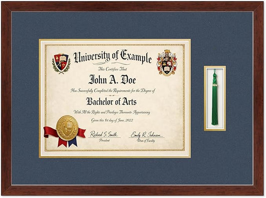CountryArtHouse Diploma and Tassel Frame Fits 14 x 11 College Diploma (Modern) with Tassel Rustic Walnut Genuine Hardwood Shadowbox with Navy Blue Over Metallic Gold Double mat