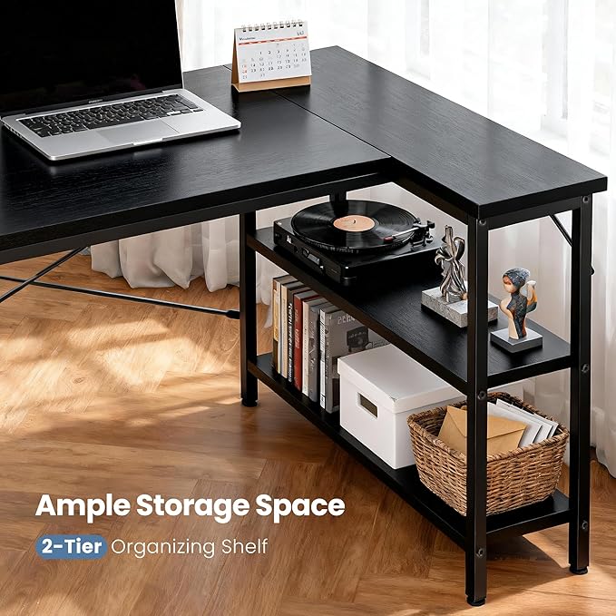 DUMOS L Shaped Desk 55 Inch Computer Desk Gaming Furniture Corner Desks Home Office PC Table with Reversible Storage Shelves for Writing Working Study Bedroom Dorm, Modern Black