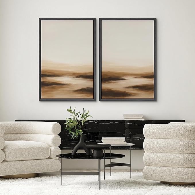 SIGNWIN Framed Canvas Print Wall Art Set Warm Brown Abstract Horizon Neutral Minimalist Landscape Illustrations Modern Art Decorative Multicolor for Living Room, Bedroom, Office - 24"x36"x2 Black