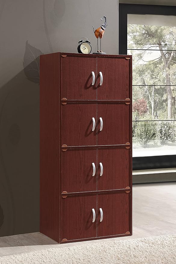 Hodedah 4-Shelf, 8-Door Bookcase Cabinet in Mahogany