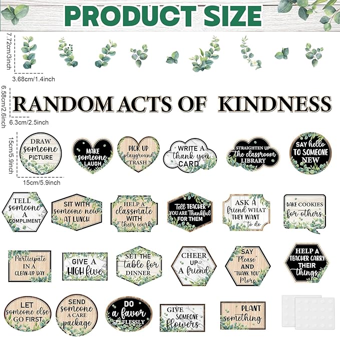 Greenery Random Acts of Kindness Bulletin Board Set Eucalyptus Classroom Bulletin Board Decorations Kindness Challenge Cutouts Classroom Decorations for Back to School Office Chalkboard Decor