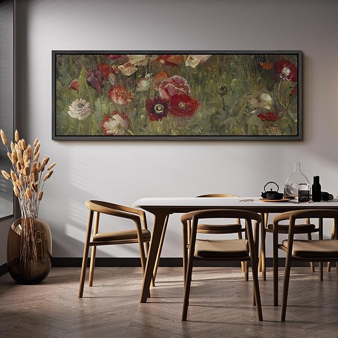 SIGNFORD Large Framed Canvas Vintage Red and White Poppy Field Illustrations Modern Art Calm Warm for Living Room, Bedroom, Office - 60"x20"