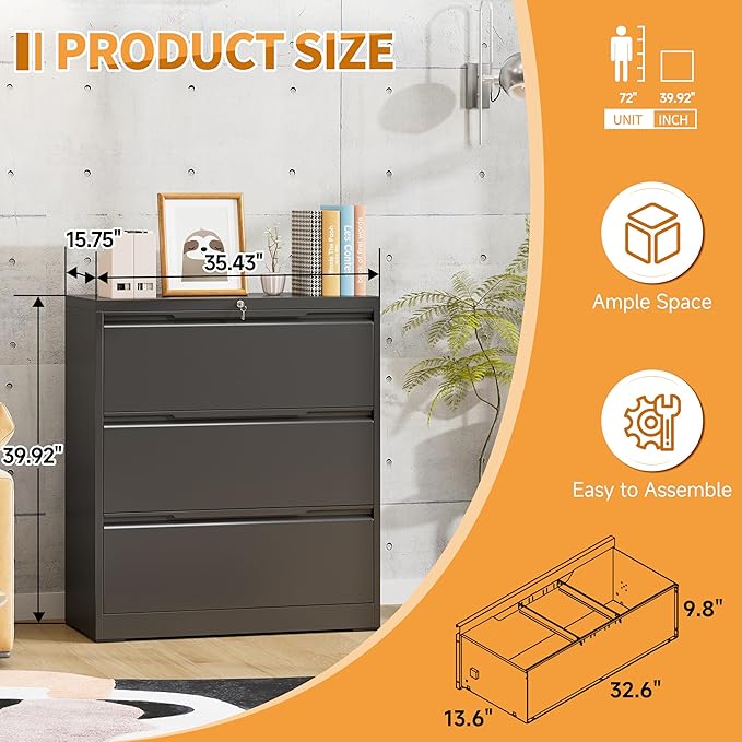 3-Drawer Metal File Cabinet with Lock,Steel Printer Stand with Storage for Home Office,Lateral Filing Cabinet for Legal/Letter/A4 Files,Assembly Required(35.43''W-3 Drawers,Black)