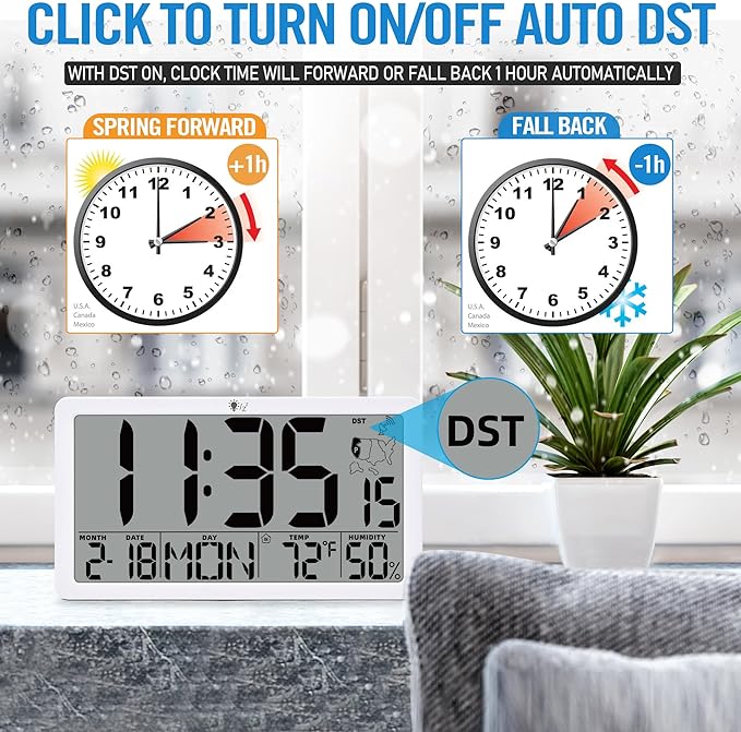 TXL Atomic Digital Wall Clock, Battery Operated with Temperature & Humidity, Auto DST, Date & Weekday, Easy Set Alarm, for Living Room, Bedroom, Office & Classroom (White)