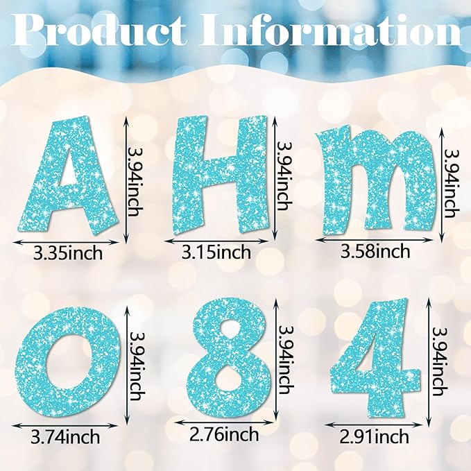 Colarr 216 Pcs Glitter Bulletin Board Letters for Classroom Number Alphabet Punctuation Symbol Cutout 4'' Die-Cut Poster Letter with Adhesive Dot School Party Holiday Decor Display(Light Blue)