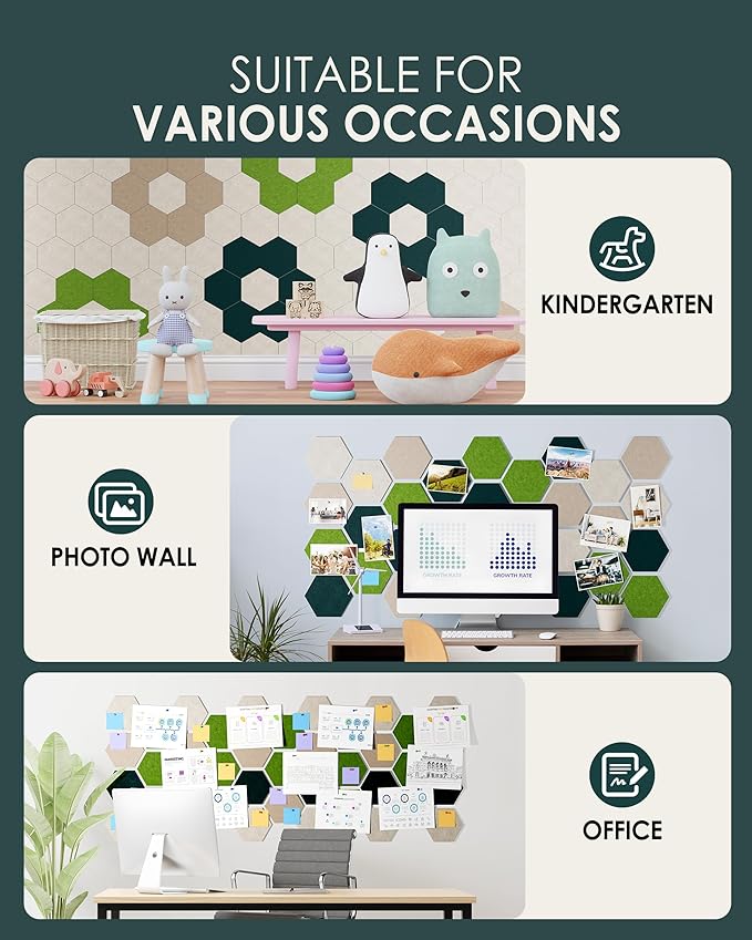 MaxGear 8Pcs Hexagon Felt Cork Board Tiles, Green Self-Adhesive DIY Bulletin Board Pin Board for Office School Home Wall Decor Stickers Photos Display Memos