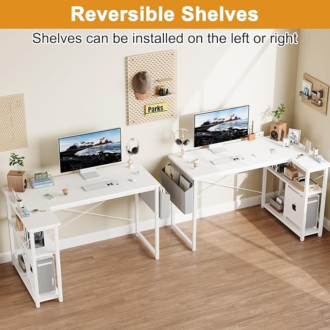 Grandder L Shaped Computer Desk with Reversible Shelves, 40 Inch Small Corner Desk with Storage Bag, Gaming Desk Computer Table Study Writing Desk for Home Office Small Space, White