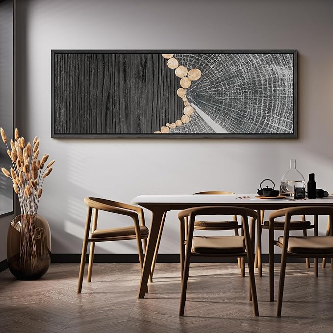 SIGNFORD Large Framed Canvas Black Wood and Tree Ring Abstract Illustrations Modern Art Warm for Living Room, Bedroom, Office - 60"x20"