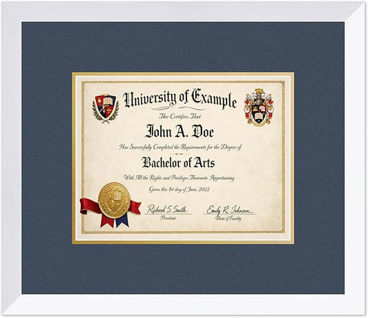 CountryArtHouse Diploma Frame Fits 11 x 8.5 US Letter Certificate - Keepsake Graduation Display Bright White Genuine Hardwood with Navy Blue Over Metallic Gold Double mat