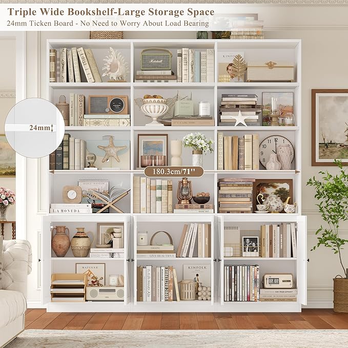 FACBOTALL 75" Triple Wide Bookshelf, White Bookshelf and Bookcase with 6 Farmhouse Doors, 71" Wide 6 Tier Book Shelf with 18 Storage Shelves, Large Wooden Bookshelves, Tall Bookcase for Office, White
