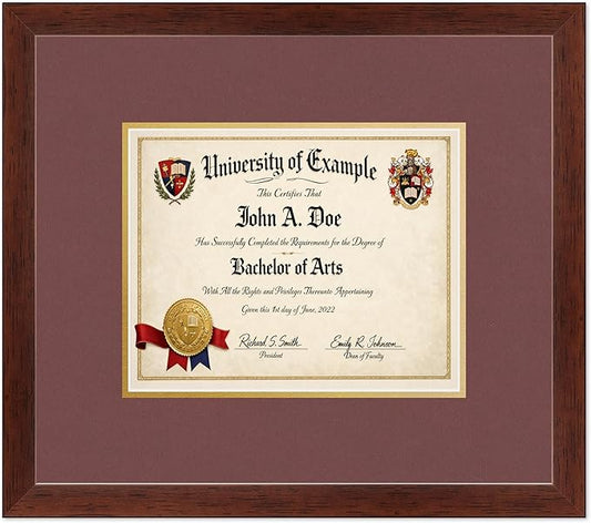 CountryArtHouse Diploma Frame Fits 10 x 8 Professional License - Keepsake Graduation Display Rustic Walnut Genuine Hardwood with Dark Red Over Metallic Gold Double mat
