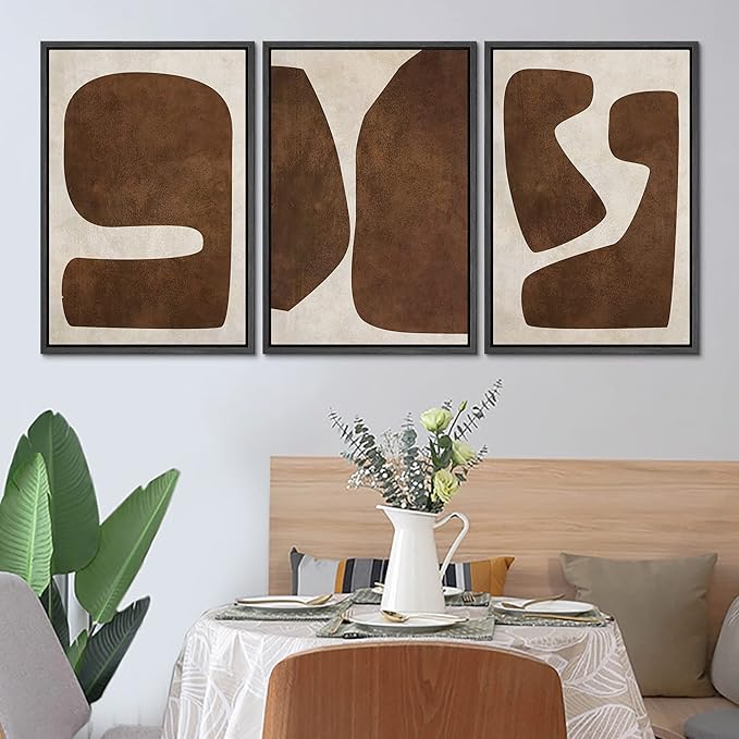 SIGNLEADER Framed Canvas Print Wall Art Set Brown Tan Retro Polygon Collage Abstract Shapes Illustrations Modern Art Geometric Zen Mid-Century for Living Room, Bedroom, Office - 24"x36"x3 BLACK