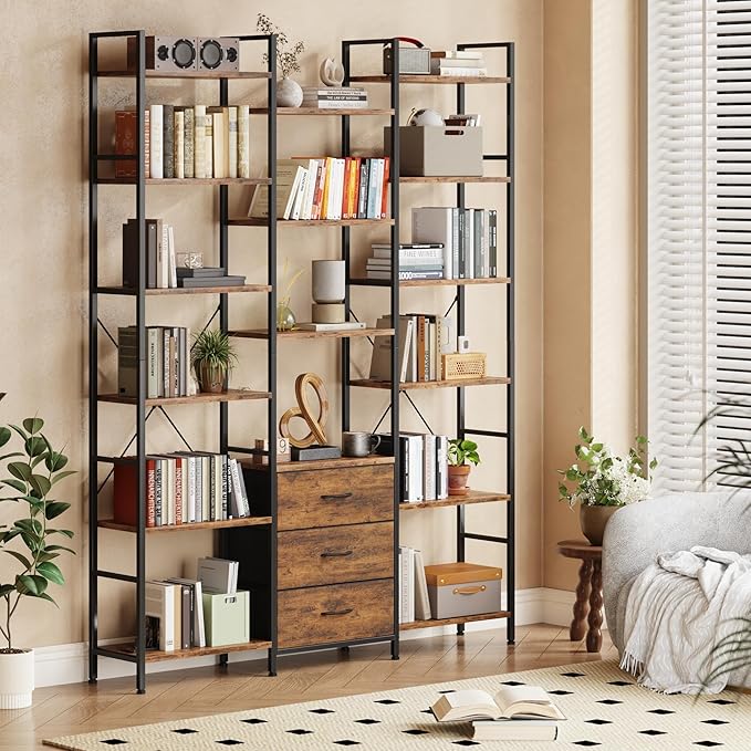 Triple Bookshelf with 3 Fabric Drawers, 6-Tier Book Shelf and 10 Display Shelves, Industrial Large Bookcase for Home & Office, Rustic Brown, 47'' Wide