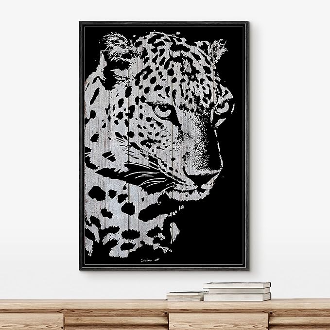 IDEA4WALL Framed Canvas Print Wall Art Grayscale Spotted Leopard on Wood Blocks Animals WildLife Illustrations Modern Art Tropical Portrait Dark for Living Room, Bedroom, Office - 24"x36" BLACK