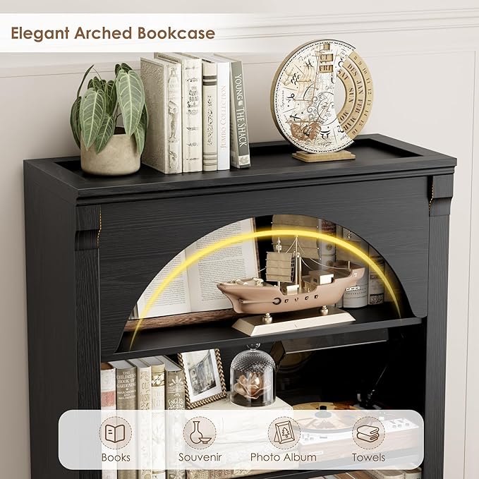 FACBOTALL 73" Tall Arched Bookcase and Bookshelf, Farmhouse Book Shelf with 6 Tiers Open Shelves, Arched Cabinet for Media CD DVD Storage, Wooden Tall Bookcase for Living Room, Home Office, Black