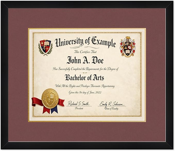 CountryArtHouse Diploma Frame Fits 15 x 12 Military/Government - Keepsake Graduation Display Matte Black Genuine Hardwood with Dark Red Over Metallic Gold Double mat