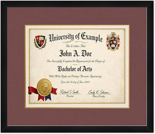 CountryArtHouse Diploma Frame Fits 15 x 12 Military/Government - Keepsake Graduation Display Matte Black Genuine Hardwood with Dark Red Over Metallic Gold Double mat