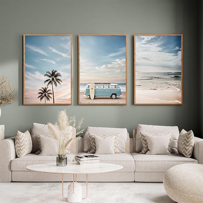 Ausril Large Surfboard Ocean Beach Framed Canvas Wall Art Set, Coastal Beach Wall Decor, Bus and Palm Tree Wall Painting, Blue Van Seaside Art Prints for Living Room, Bedroom, Dining Room - 16"x24"x3