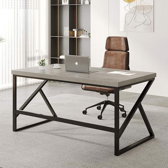 HSH Gray Computer Desk, Industrial Wood and Metal Home Office Desk, Farmhouse Rustic PC Laptop Desk for Executive Work Writing Study Gaming, Modern Simple Bedroom Computer Table, Light Grey Oak, 55 In