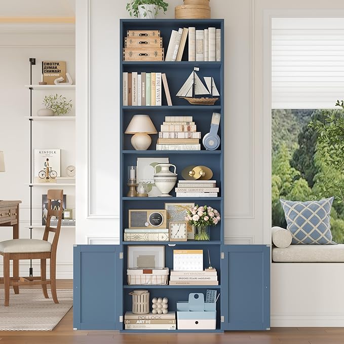 FACBOTALL 82" Tall Bookcase and Book Shelf, 24" Wide Bookshelf with Doors, 7 Tier Bookcase with Storage and Adjustable Shelf, Open and Display Farmhouse Bookshelf for Living Room, Home Office, Blue