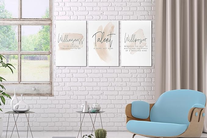 SHMAO Office Canvas Wall Art Motivational Wall Decor, 3 Piece Willingness Talent Willpower Pictures for Office Wall Decor Women Inspirational Framed Artwork Home Office Decor 12”x18”x3 Panels