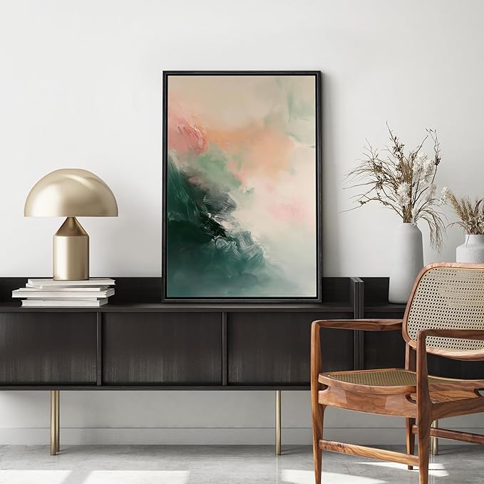 MUDECOR Framed Canvas Print Wall Art Orange Pink Paint Stroke Landscape Abstract Shapes Illustrations Minimalism Decorative Relax/Zen Colorful Nordic for Living Room, Bedroom, Office - 16"x24" Black