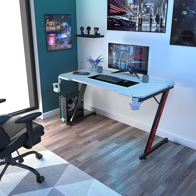 Homall Gaming Computer Desk with Carbon Fiber Surface, Gaming Table Z Shaped Pc Home Office with Cup Holder&Headphone Hook(44 in, White)